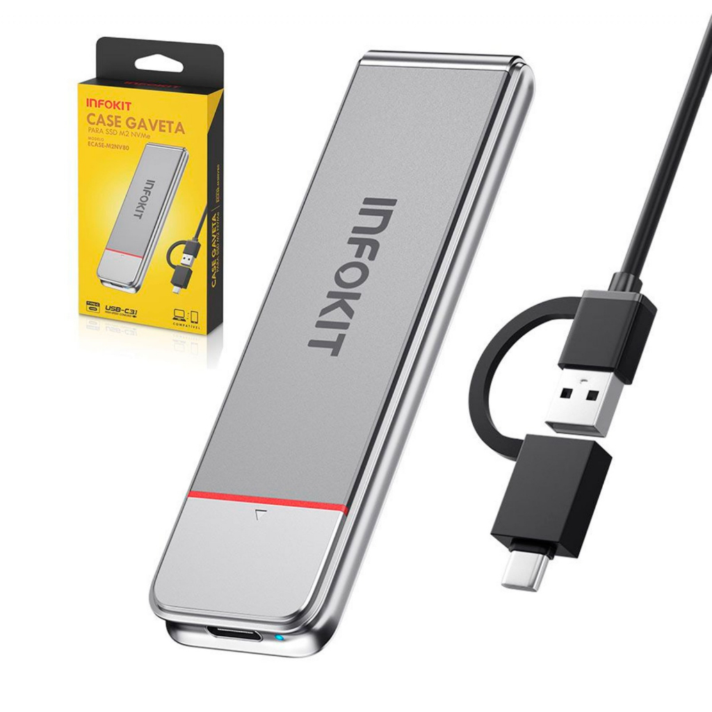 Mini Case de alumínio para SSD M.2 NVME conector duplo Tipo C/USBA celular/computador ECASE-M2NV80