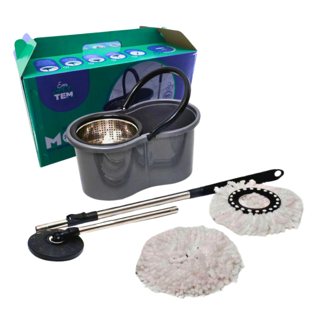 Mop Com Centrifuga Inox e Cabo em Inox Com Refil de Microfibra 8 Litros Limpeza Casa