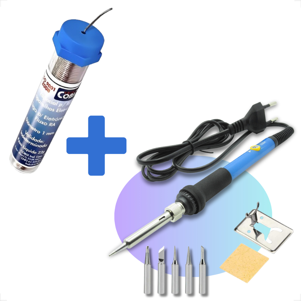 Ferro De Solda Com Regulagem De Temperatura + Suporte + esponja de limpeza + 5 ponteiras extras