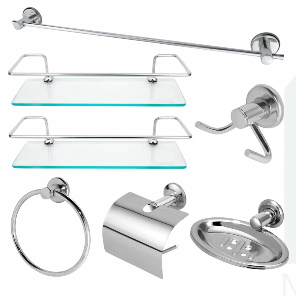 Kit Acessórios Para Banheiro Aço Inox 5 Peças + 2 Porta Shampoo Vidro Reto