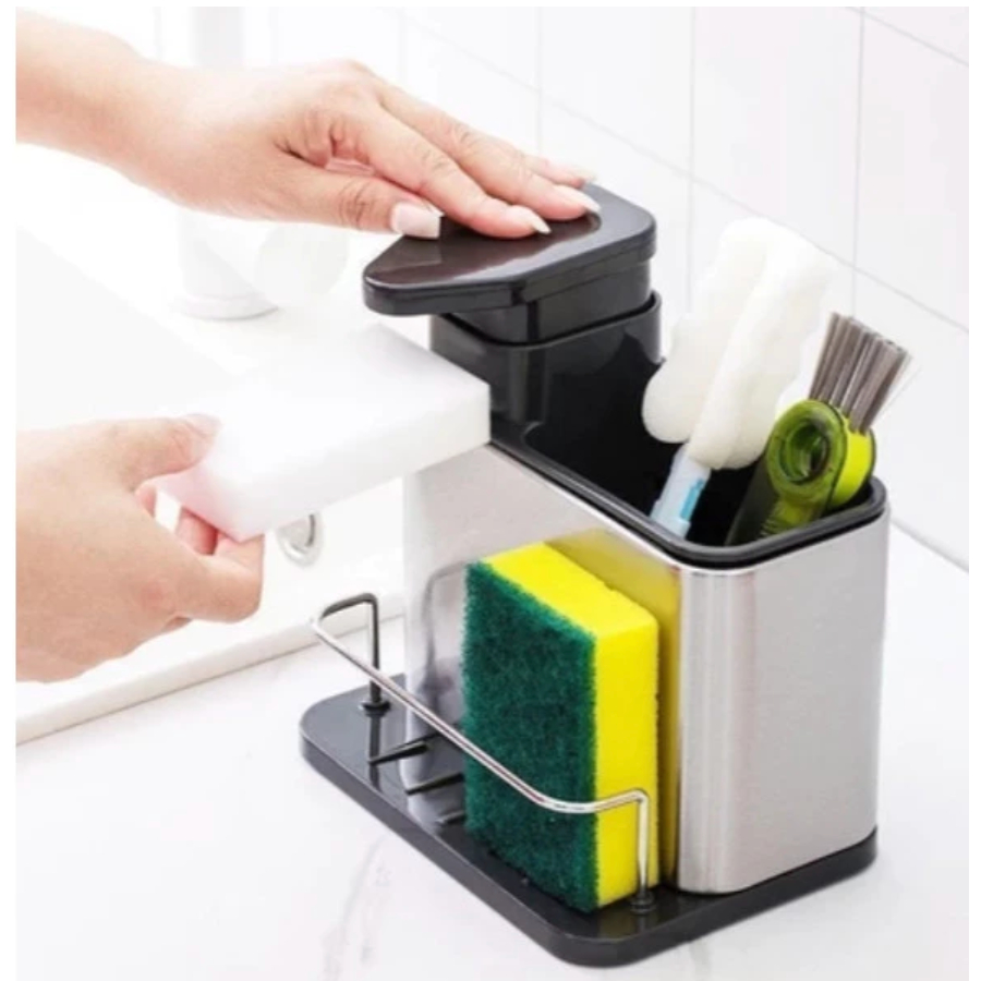 Dispensador Sabão Inox 3 em 1 Cozinha Pia Suporte Esponja Com Porta Detergente Cozinha