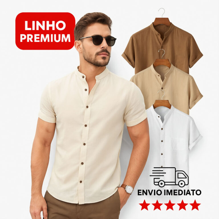 Camisa Social Masculina Manga Curta Gola Padre Lin