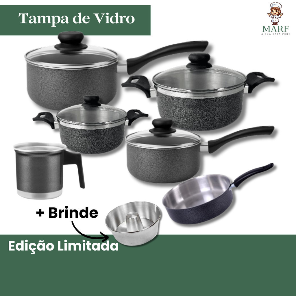 Kit de Panelas Jogo com Pintura Eletrostática 6 Peças + Bônus | Tampa de Vidro | Edição Limitada co