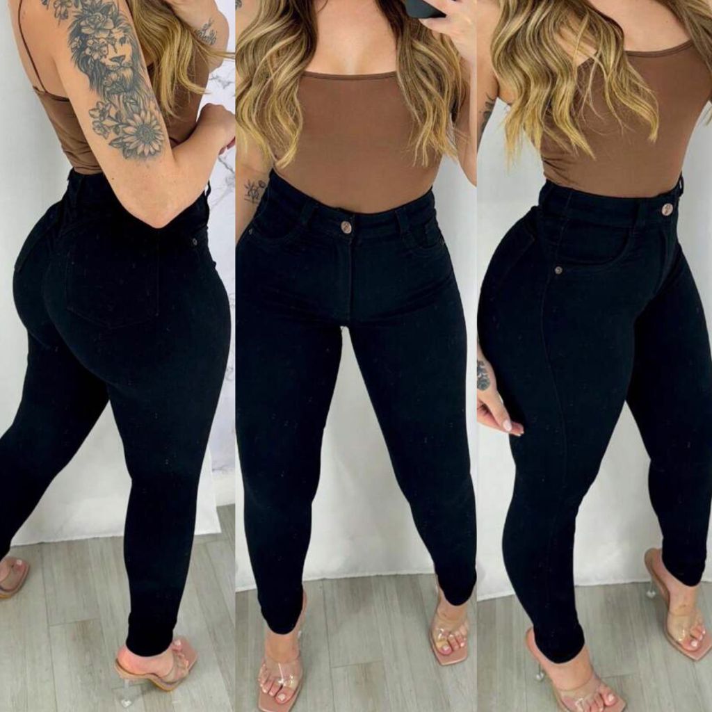 Calça Jeans Preta Feminina Skinny Cintura Alta com Lycra Levanta Bumbum