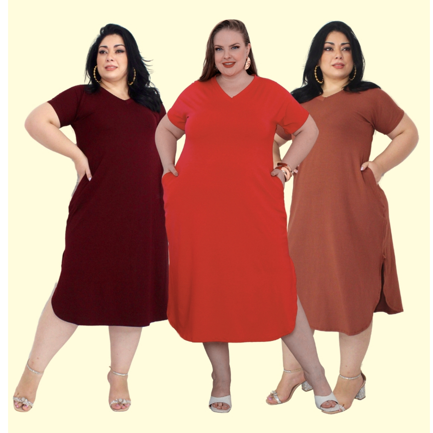 Kit Vestido Plus Size Midi Longo Liso Viscolycra Gola V Bolso Fenda Laterais Moda Evangélica 42 ao58