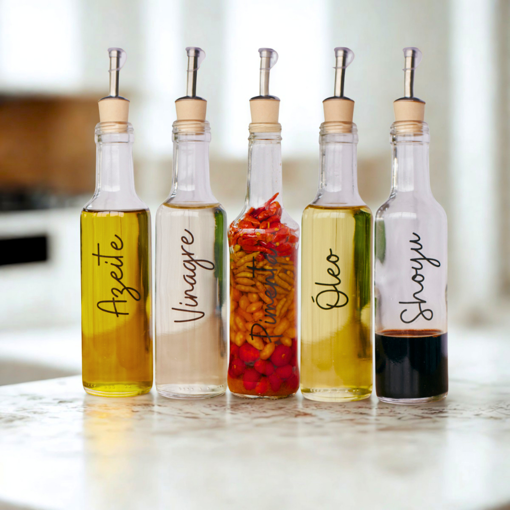 Kit Galheteiro de Vidro Porta Óleo Azeite Vinagre com Bico Dosador Polímero e Adesivos