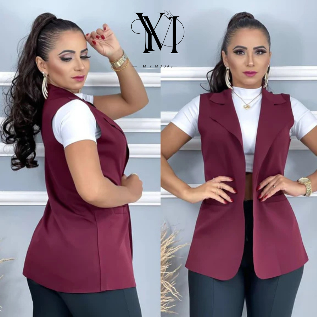 Colete Max Feminino Neoprene Alongado Estilo Blazer Sem Manga Casual Confortálvel