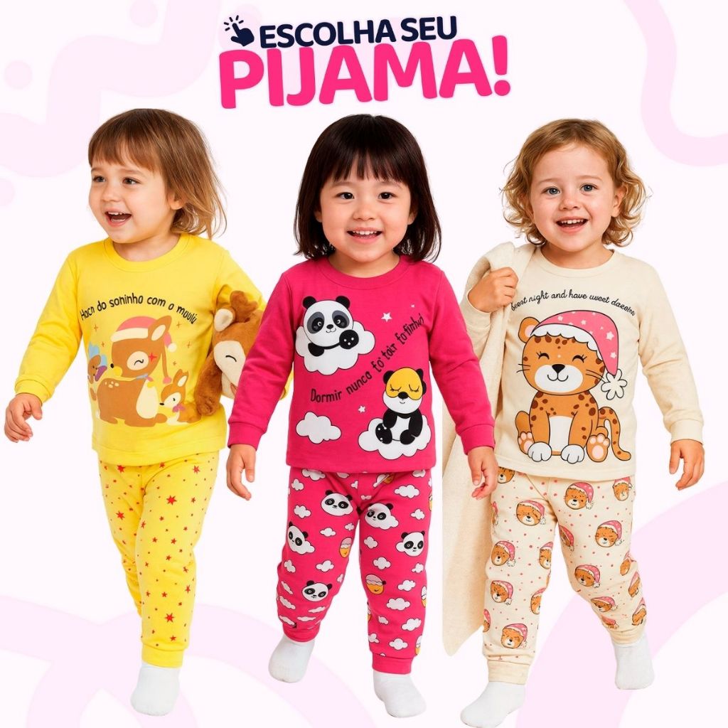 Pijama Infantil Bebe Menina Manga Longa Escolha Seu Modelo, Estampas Fofas e Conforto Infantil Femin