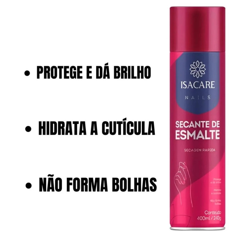 Spray Secante de Esmalte Isacare Nails 400ml  Secagem Rápida, Brilho e Proteção