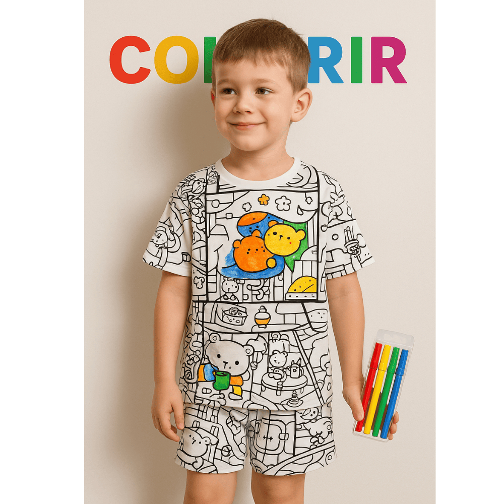 Pijama Infantil Para Colorir Unissex Menino Menina/ Conjunto Shorts e Camiseta Pinte, Lave e Pinte N