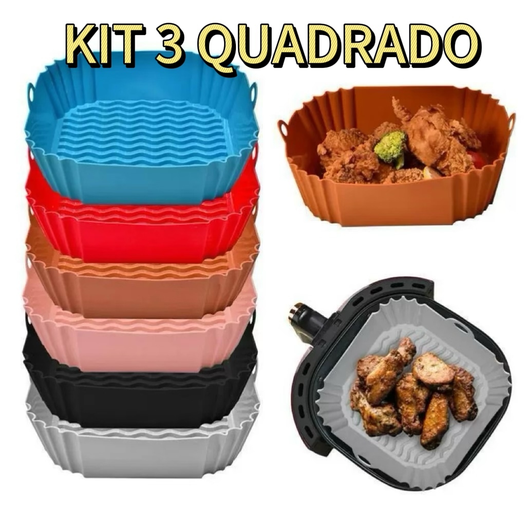 KIT 03 Formas de Silicone Grande Quadrada Antiaderente Assadeira Air Fryer e Forno para Fritadeira E