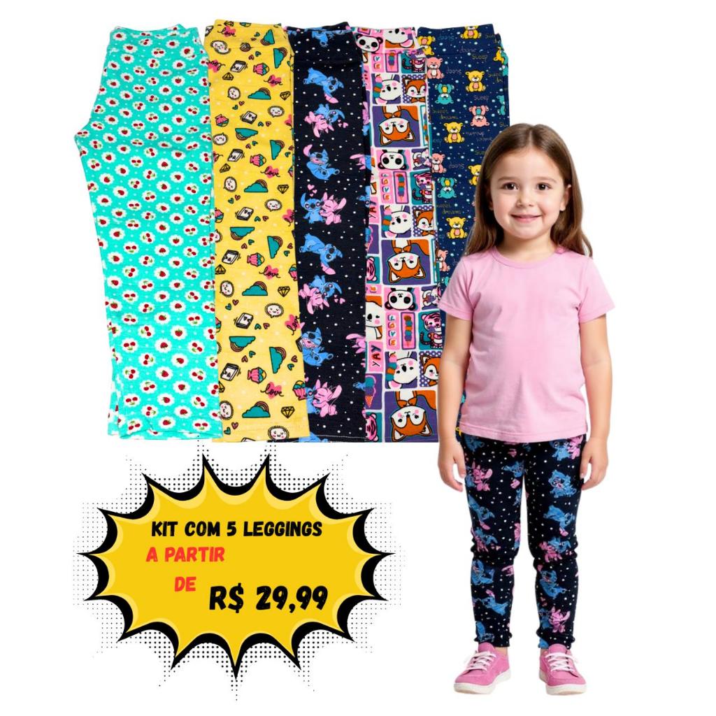 Kit com 5 Calças Legging Infantil e Juvenil com Estampas Variadas