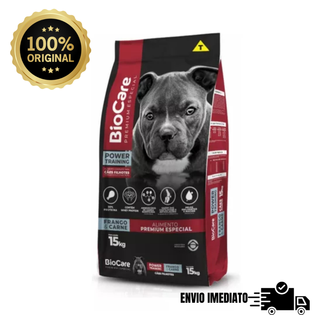 Ração Cachorro Filhote 30% Proteína Premium Biocare Especial Power Training Frango E Carne 15Kg