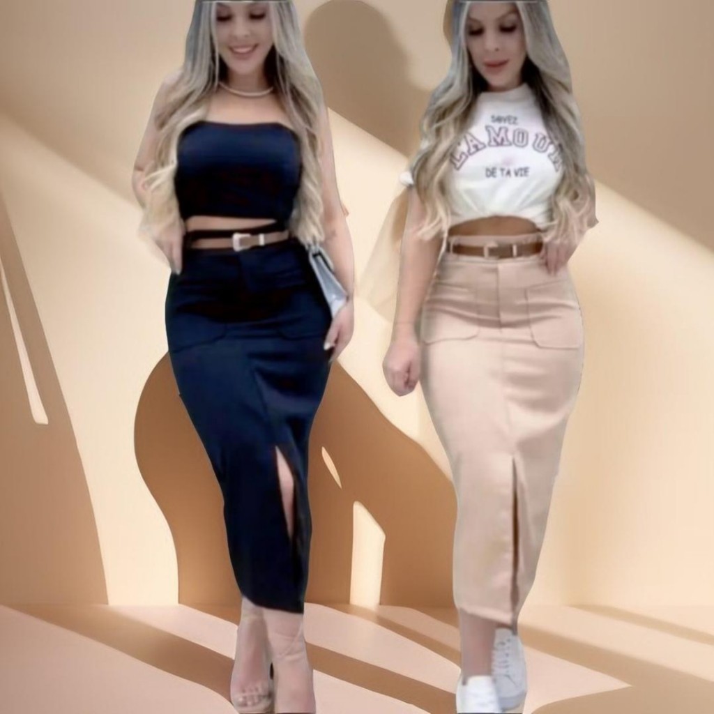 Saia midi alfaiataria com bolso frontal+cinto Elegante e versatil