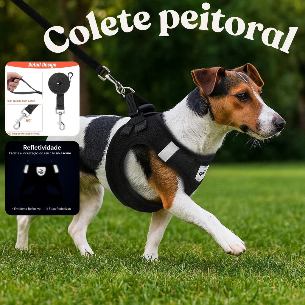 Coleira Peitoral Ajustável com Guia para Cães Gatos Animais