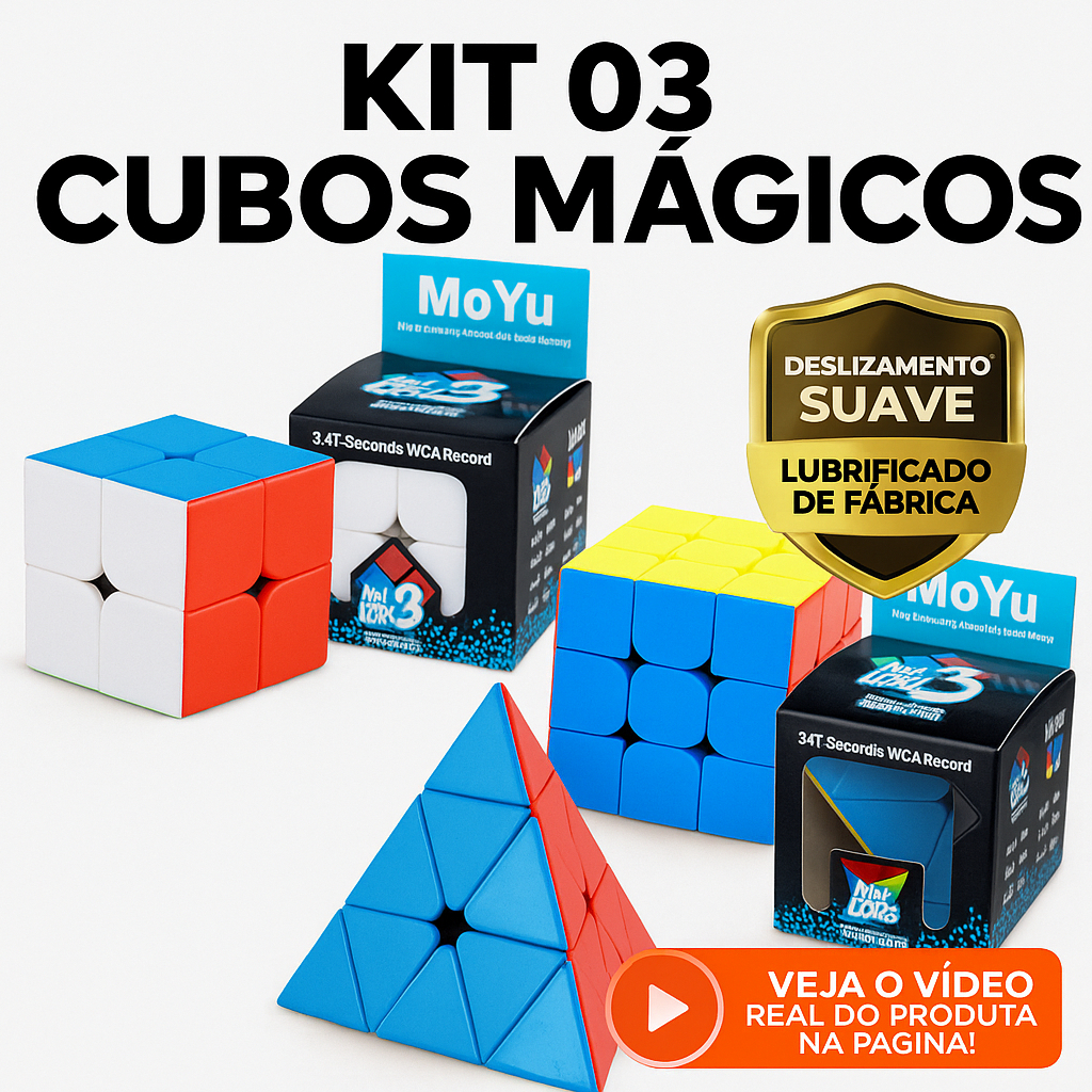 Kit 3 Cubo Mágico 2×2 + 3×3 + Pirâmide Pyraminx Profissional Original Moyu Stickerless Cube Brinqued