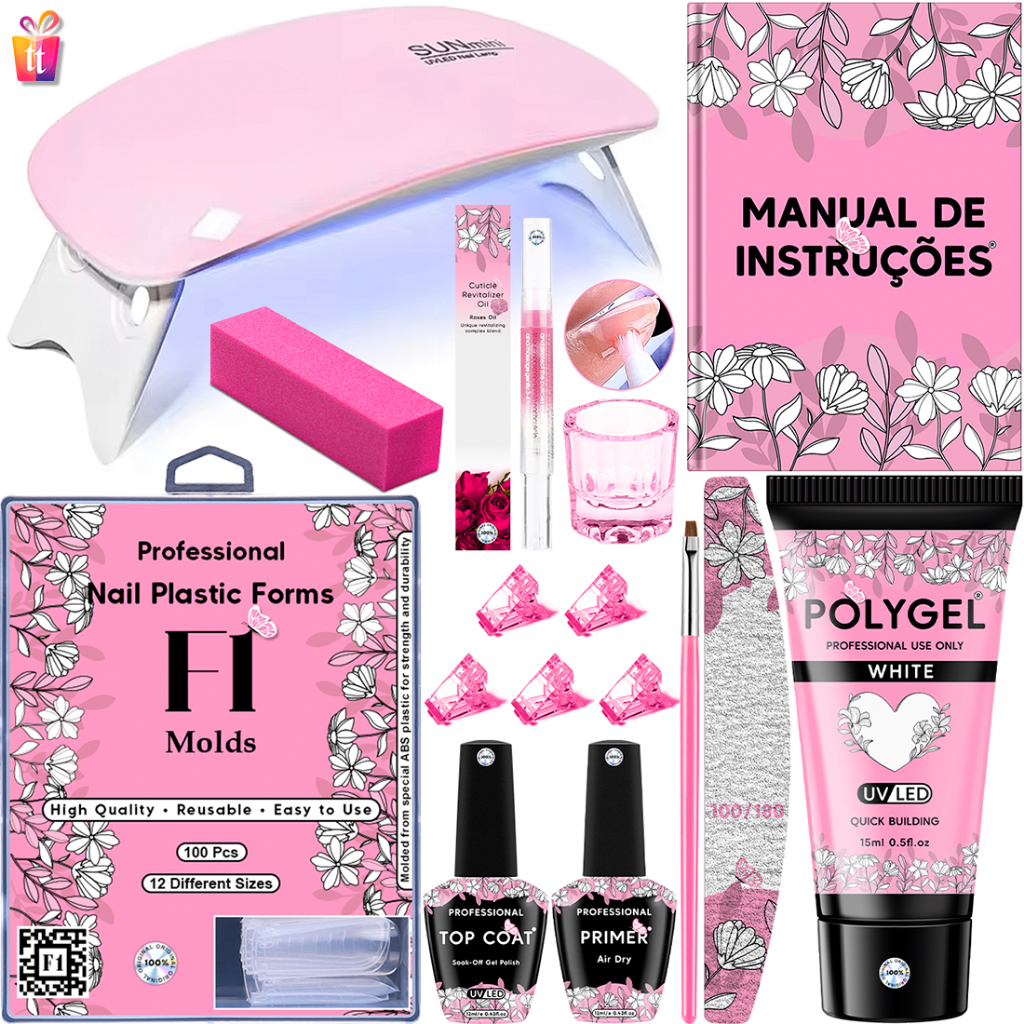 Kit Alongamento De Unha Polygel Cabine Estufa Sun Mini 6w + Top Coat + Primer + 100 Moldes F1Gel/Acr