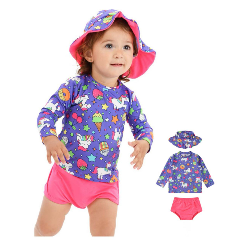 Kit Blusa com Proteção Solar UV50 + Tapa Fralda + Chapéu Bebê e Infantil Moda Praia Meninas