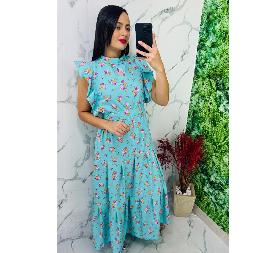 Vestido Feminino Longo Luxo, Evangelico e Festa Saia três Marias com Babado Allana