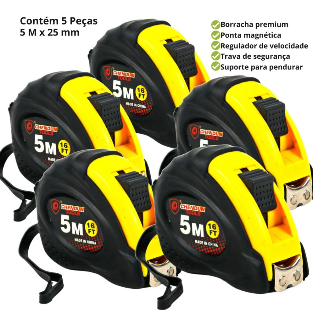Trena De Aço Emborrachada Profissional – Com 5 Metros – Kit C/5 Unidades – Nybc