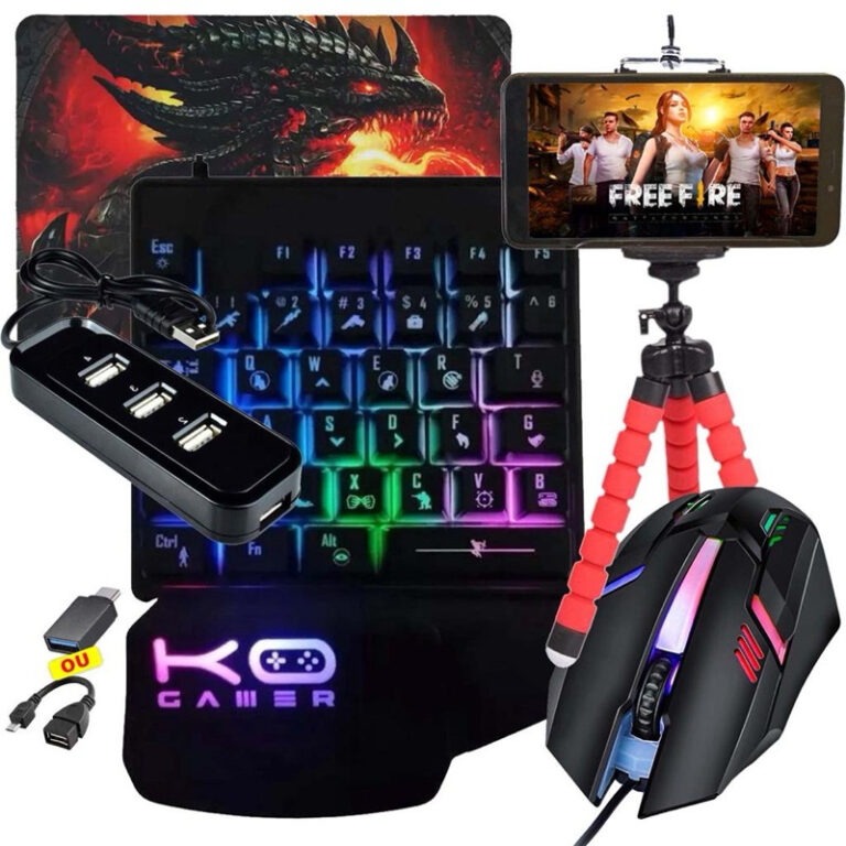 Kit Mobilador Gamer de Celular Teclado Uma Mao RGB
