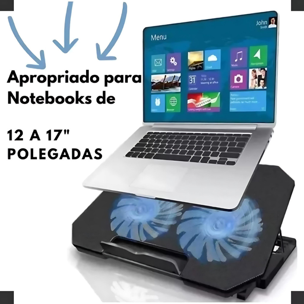 Suporte Base 2 Coolers Ventoinhas  Notebook Ventilação Silenciosa Ajustável Até 17 Pol Usb Cor Preto