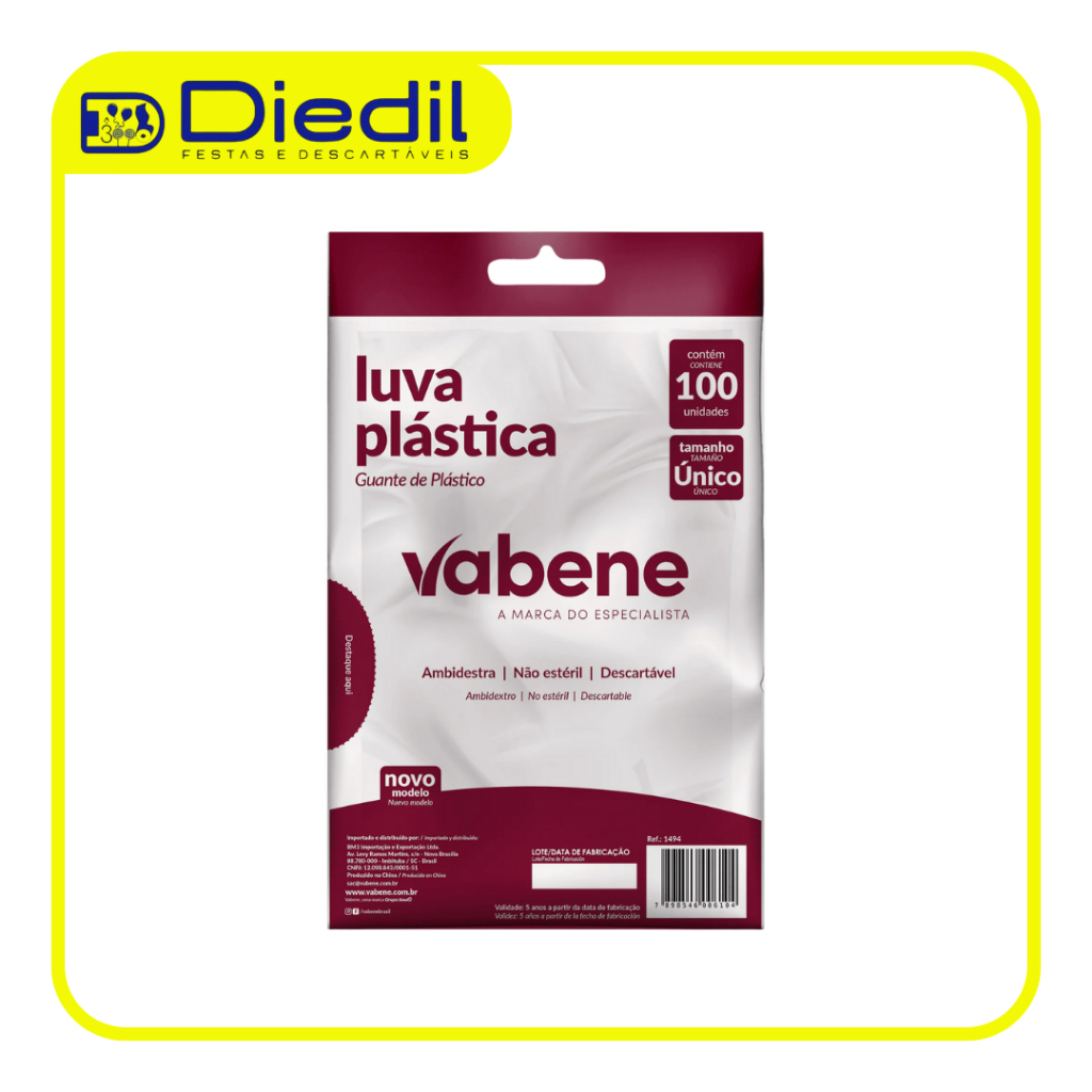 Luva Plástica Descartável Vabene  Uso Doméstico, Comercial e Estético – 100 Unidades