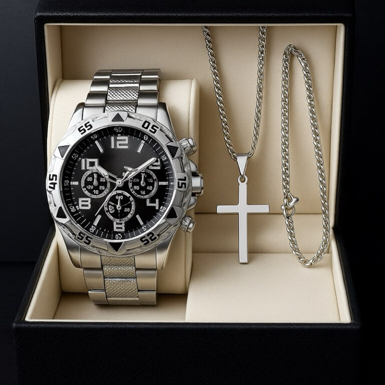 Kit Masculino: Relógio de Aço Inox + Corrente + 