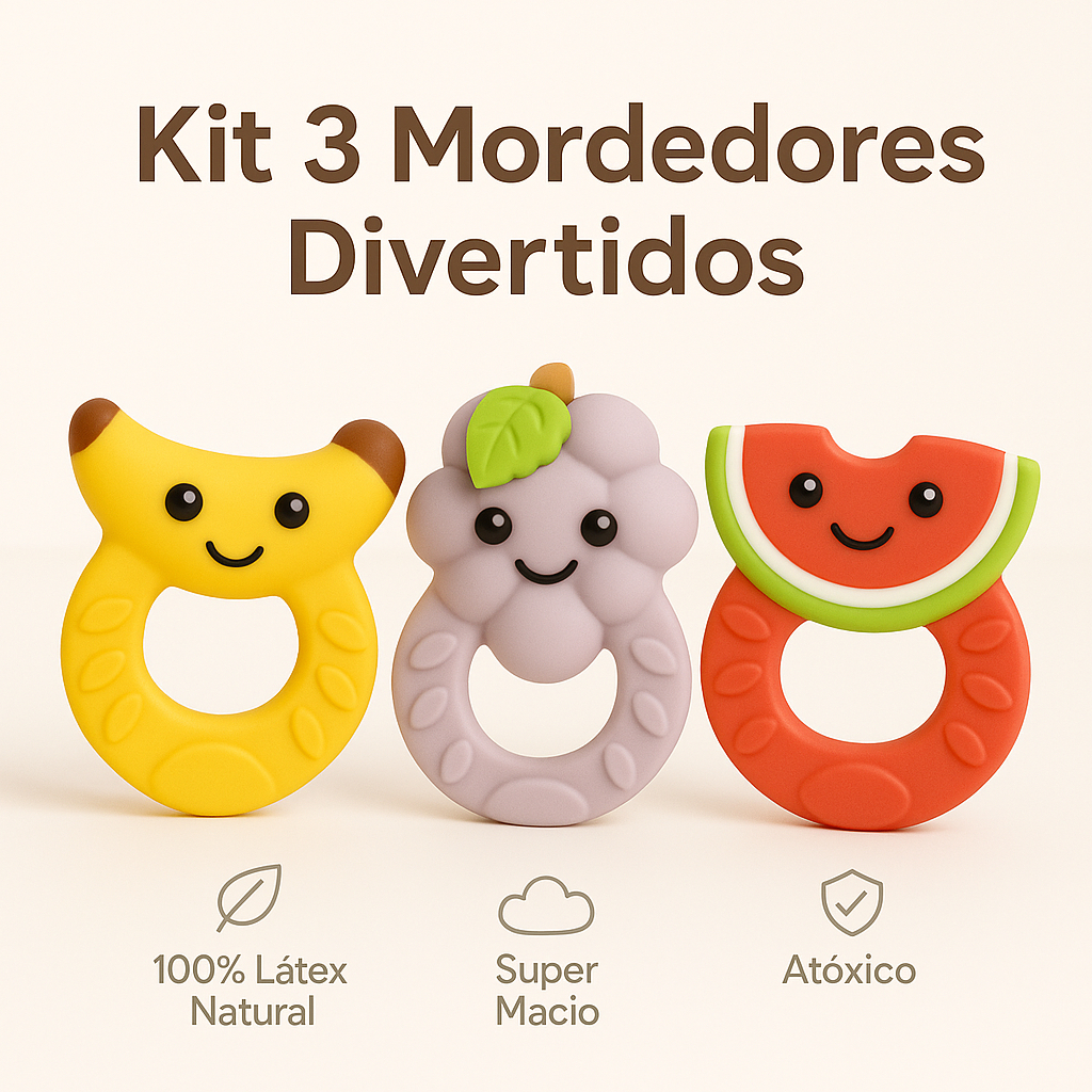 Kit 3 Mordedor Bebê 100% Natural Super Macio Alívio Gengiva Livre de BPA Colorido e Divertido Brinqu