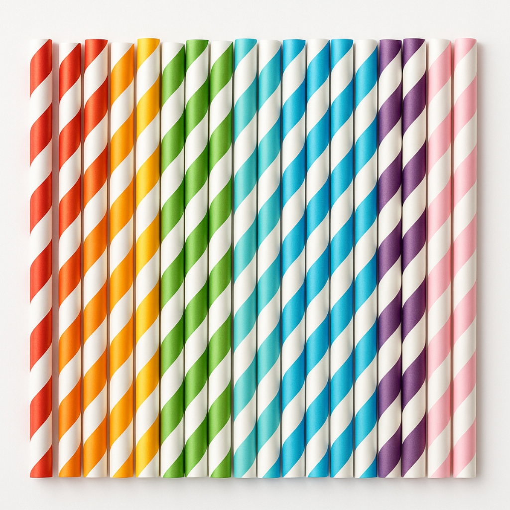 100 Canudos Biodegradável de Papel Listrado Drinks Refri Topo de Bolo Colorido