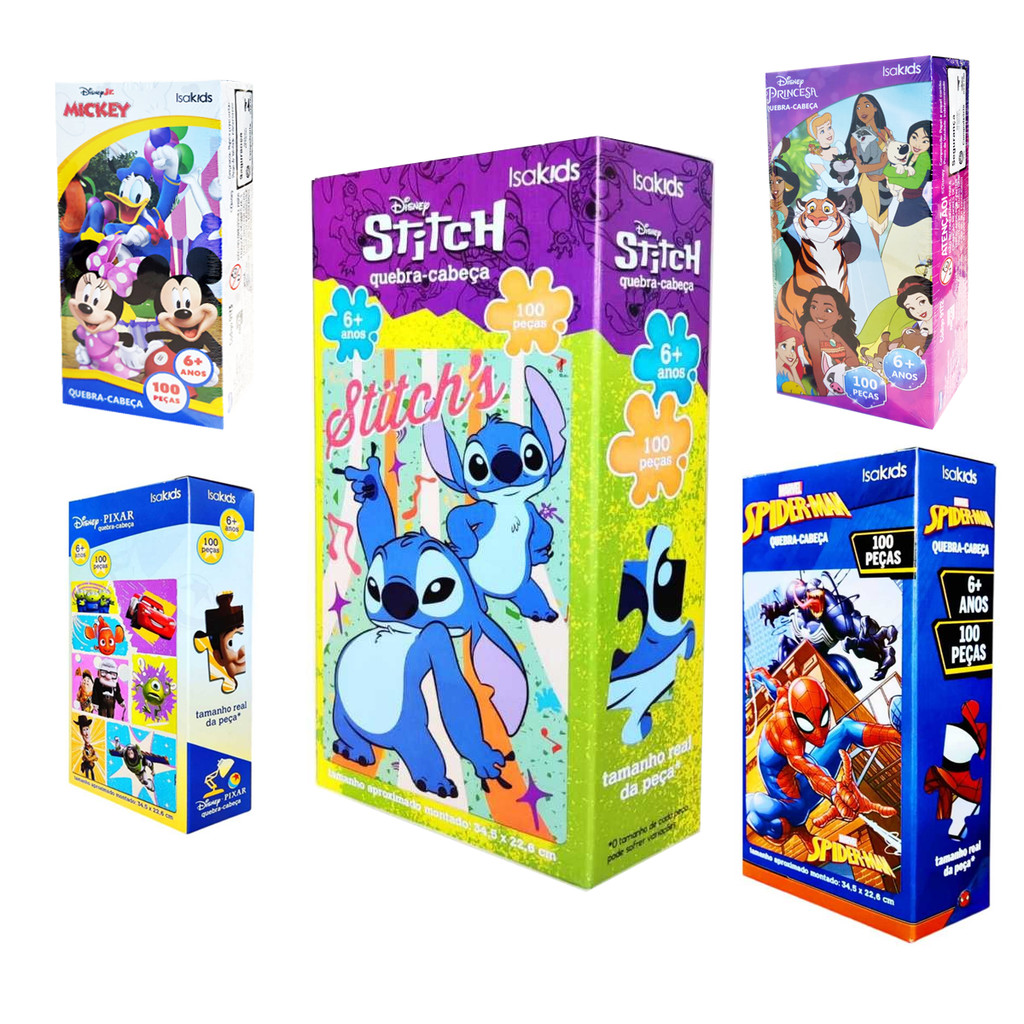 Quebra Cabeça 100 Peças Disney Lilo Stitch, Homem Aranha, Pixar Infantil, Princesas e Mickey Jr
