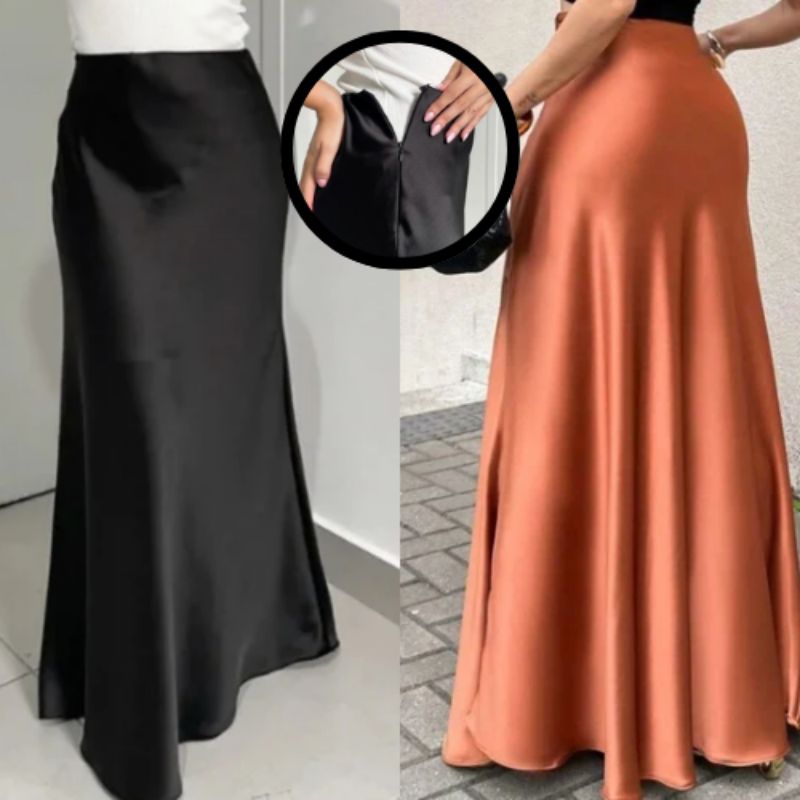 Saia Mídi Feminina Cetim Cintura Alta com Ziper Casual e Elegante Moda Evangelica