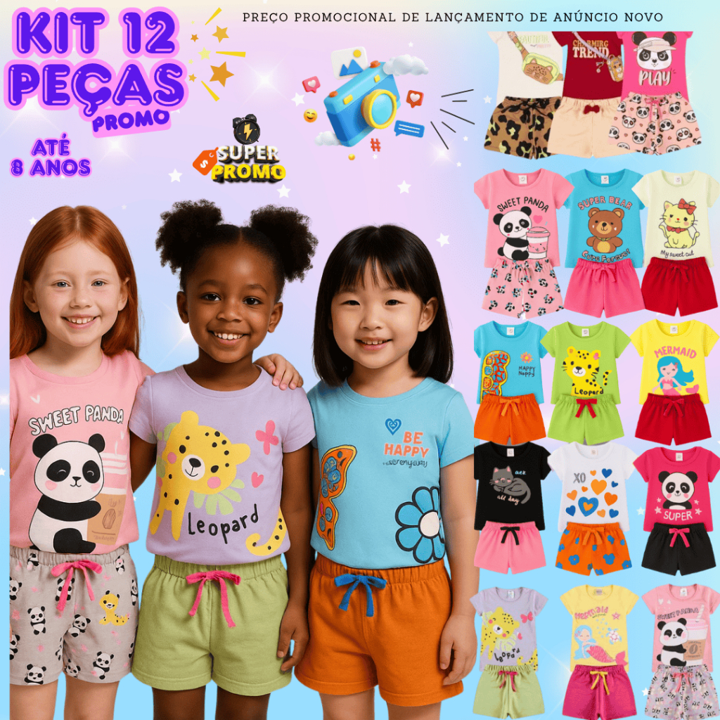 Kit 6, 8 e12 Conjunto Infantil Menina Look Estiloso Peças Bebê Algodão Roupa Moda Criança Verão