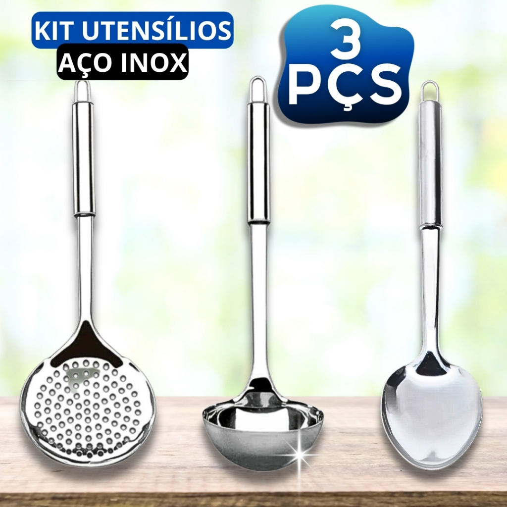 Kit 3 Peças Escumadeira + Concha + Colher de Arroz Aço Inox Brilhante Sem Riscos Cozinha