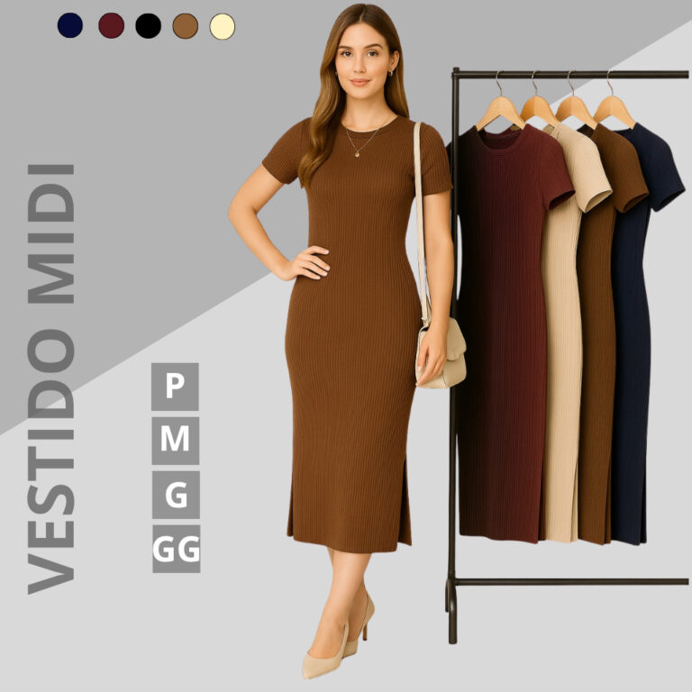 Vestidos Feminino Midi Canelado de Manga Curta Com