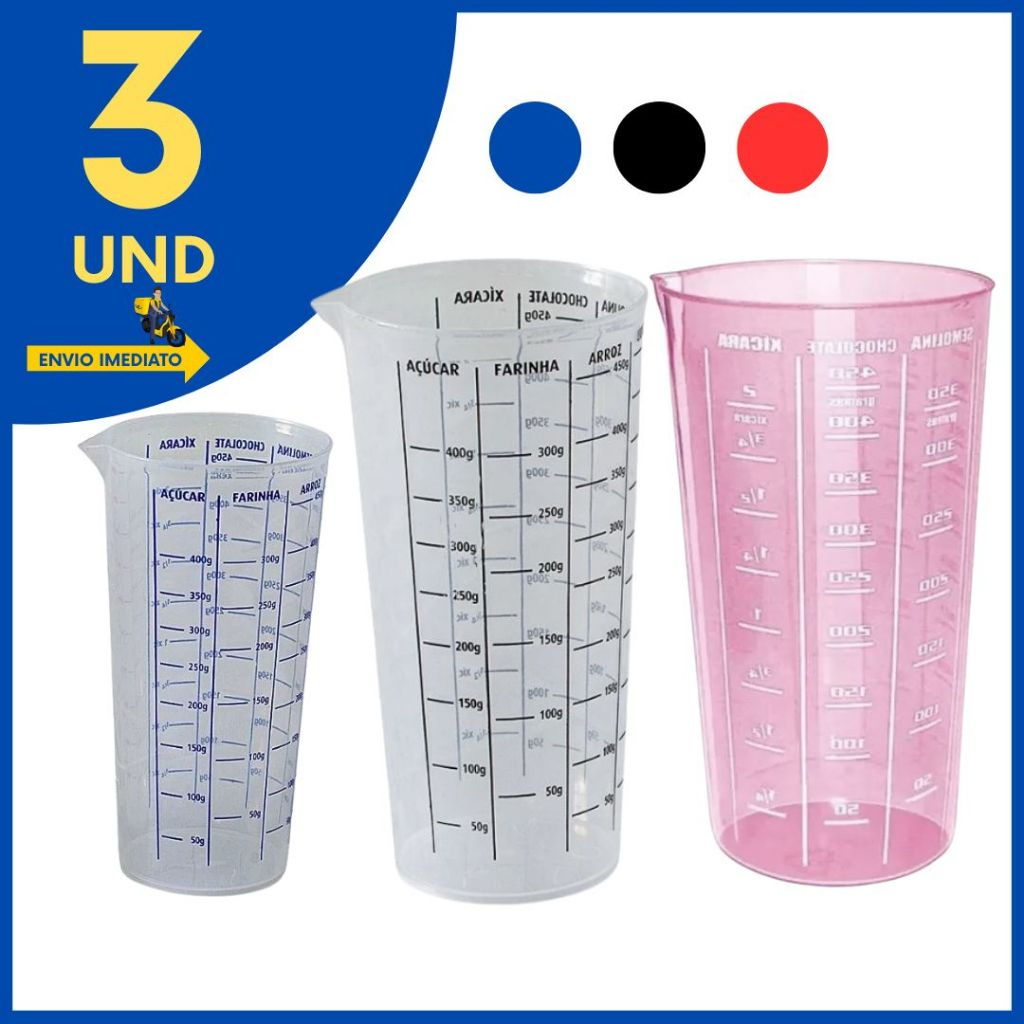 Kit 3 Copo Medidor 500ml Plástico Resistente com Escala,Ideal para Líquidos, Confeitaria,Panificação