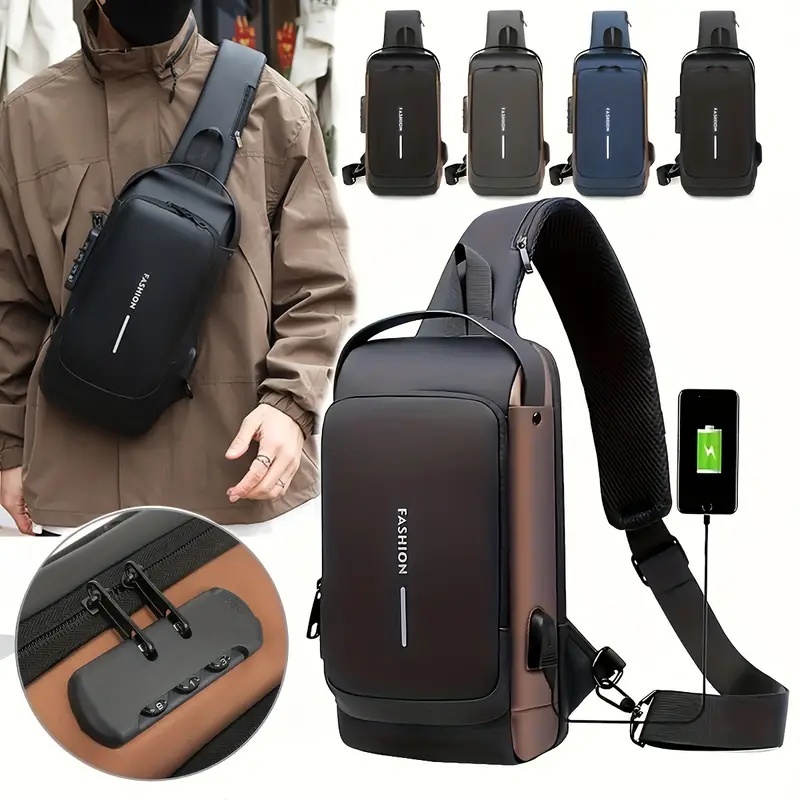 Mochila de Ombro Transversal Compacta Unilateral USB Trava de Código Á prova dágua
