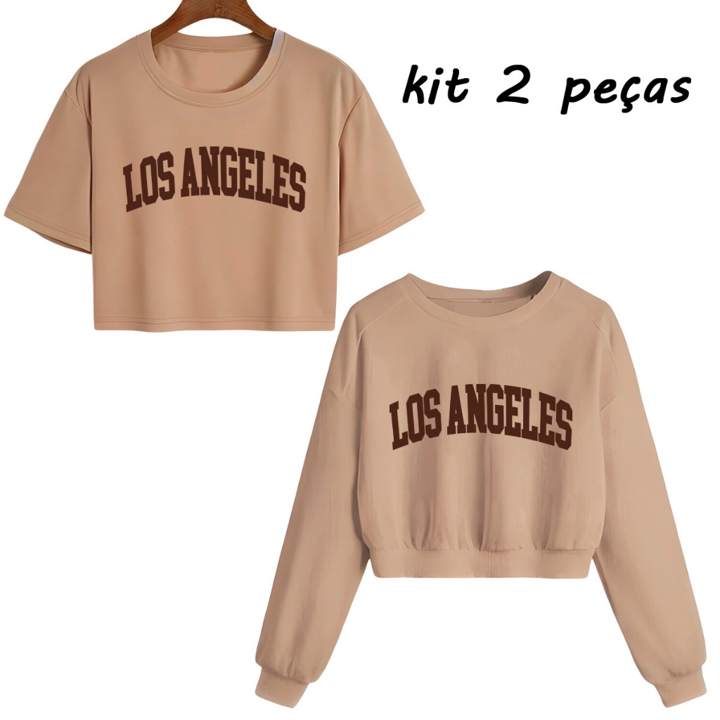 Kit 2 Peças Cropped Moletom Blusa de Frio e Blusinha Cropped De Algodão Los Angeles