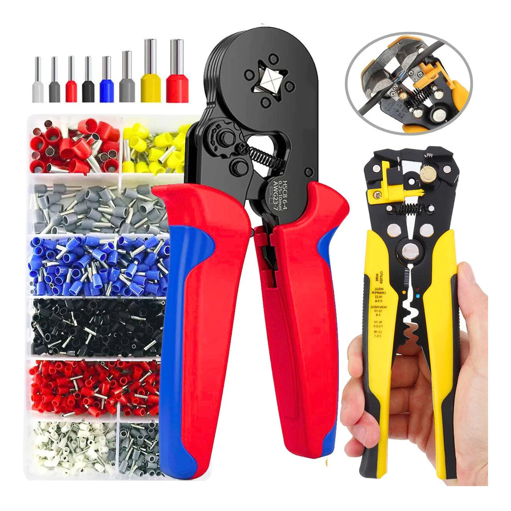 Kit Alicate Crimpar + 1200 Terminais Ilhos + Descascador 0,25 Até 10mm²