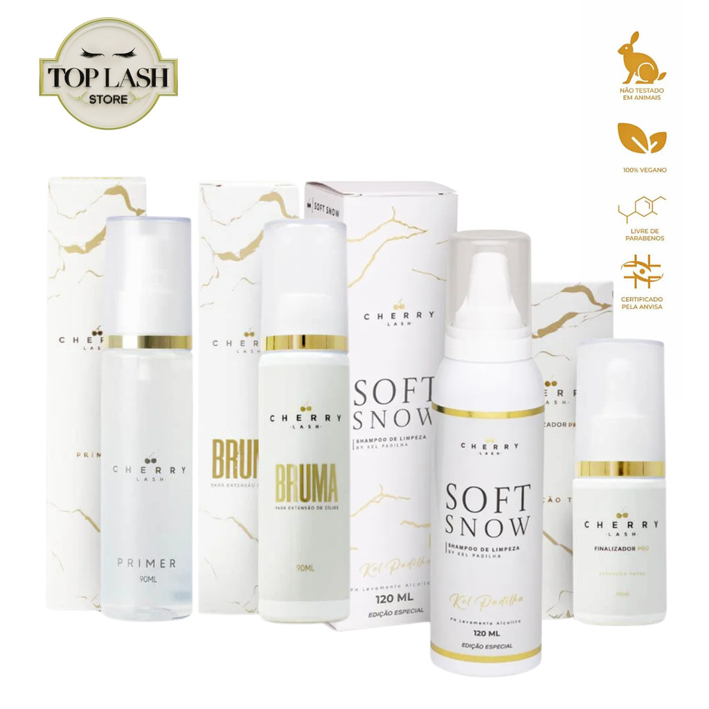 Kit Profissional Retenção Cherry Lash Soft Snow + Bruma + Primer + Finalizador | Extensão de Cílios