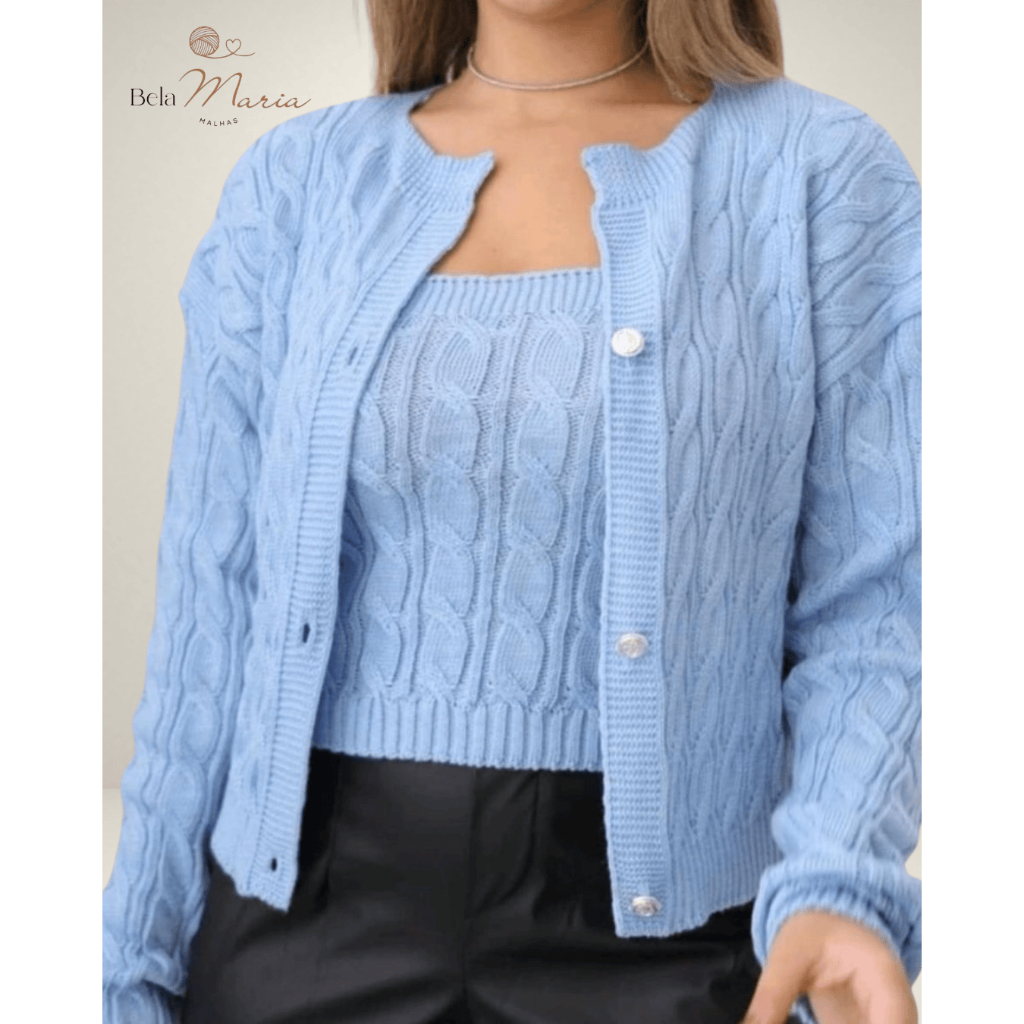 Conjunto Casaco Feminino de Tricô Cardigan de Frio com Botões e Tranças e  Regata Tricot