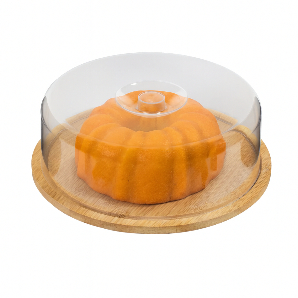 Boleira Bambu Com Tampa Em Acrílico Porta Bolo Para Bolo Torta Pudim Queijo 28cm