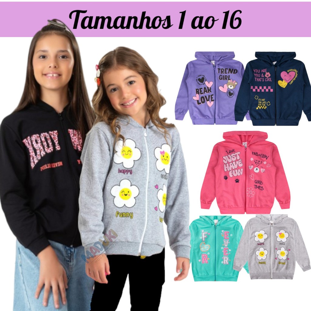 Kit 2 Jaquetas de Moletom Infantil Menina com Zíper e Capuz  Premium | 1 ao 16