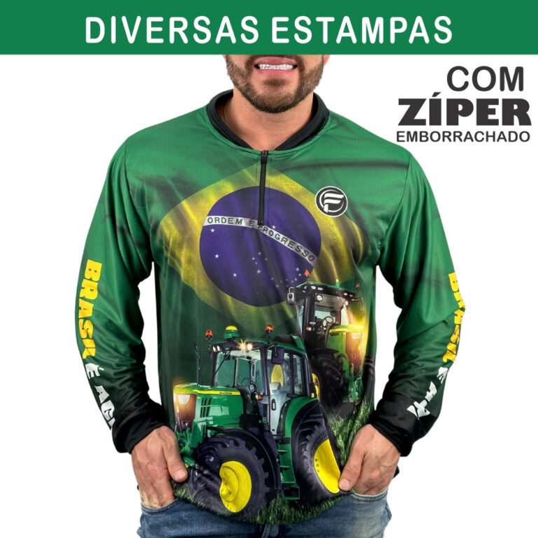 Camisa Camiseta Agro c/ Zíper Masculino UV Brasil