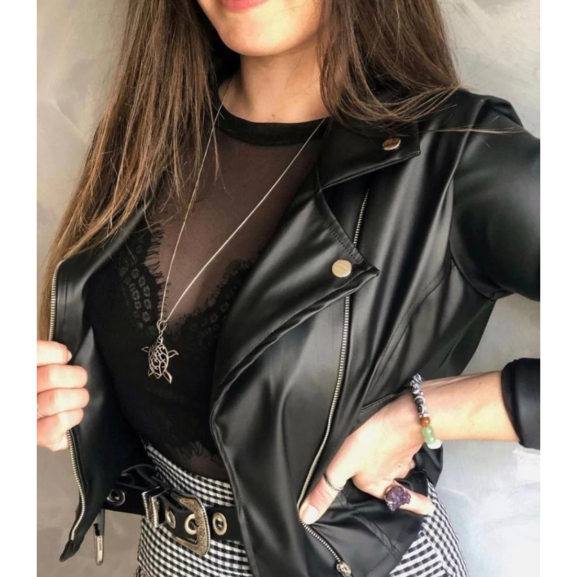 Jaqueta De Couro Feminina Com Ziper Inverno Elegante