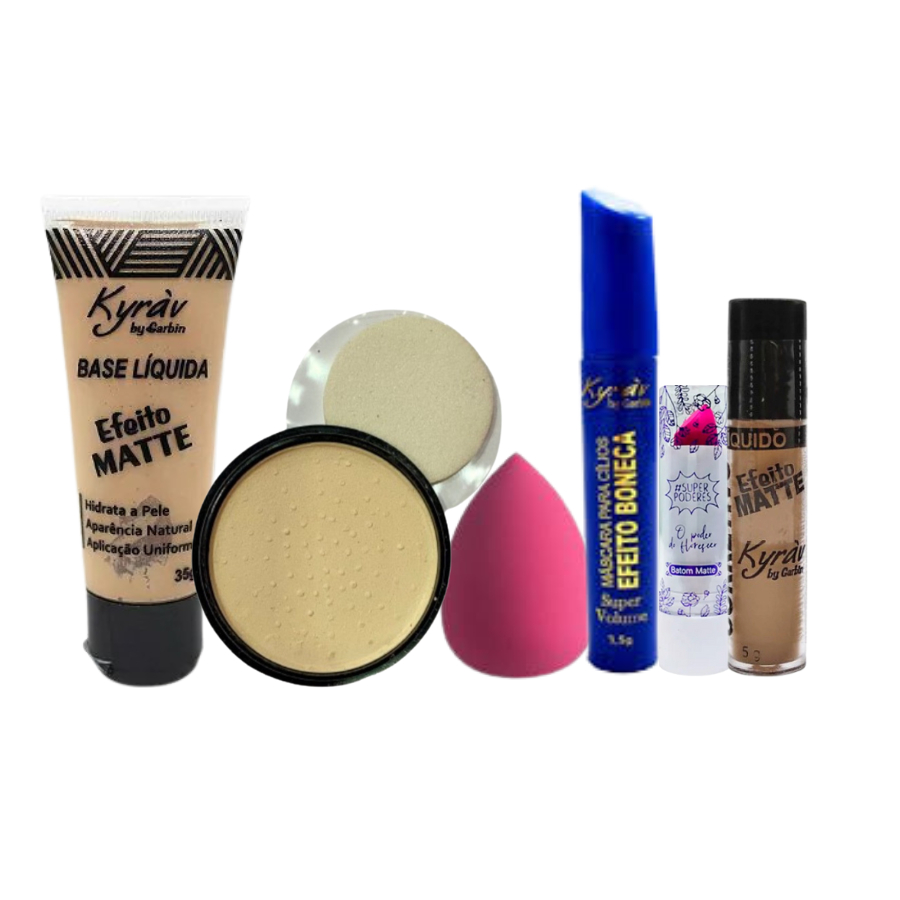 Kit Maquiagem Base, Corretivo, Esponja, Batom, Rímel E Pó