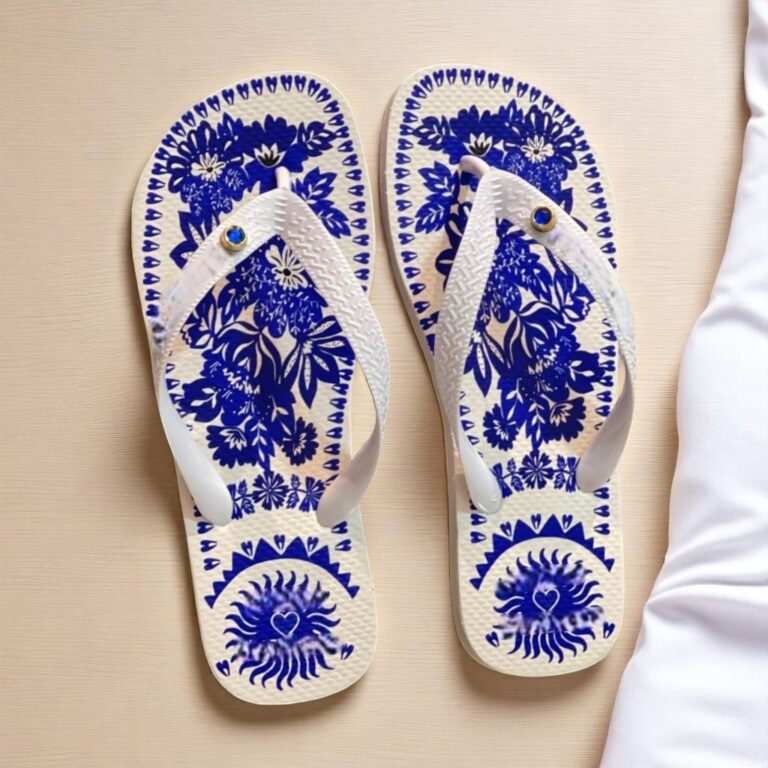 Chinelo Feminino Leve Azul Floral Tira Confortáv