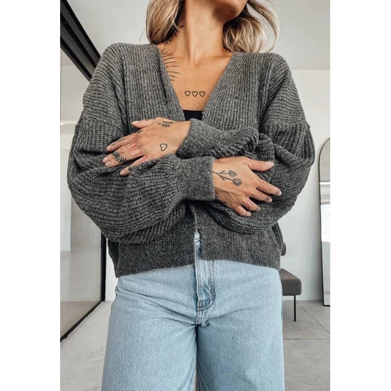 Casaco Curto Cardigan de Tricot Mousse Feminino Manga Longa Bufante Casaqueto Curto de Tricô Fio Mou