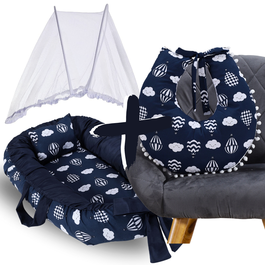 Kit Ninho Redutor de Berço Bebe + Almofada Amamentação + Mosquiteiro Portátil Removível