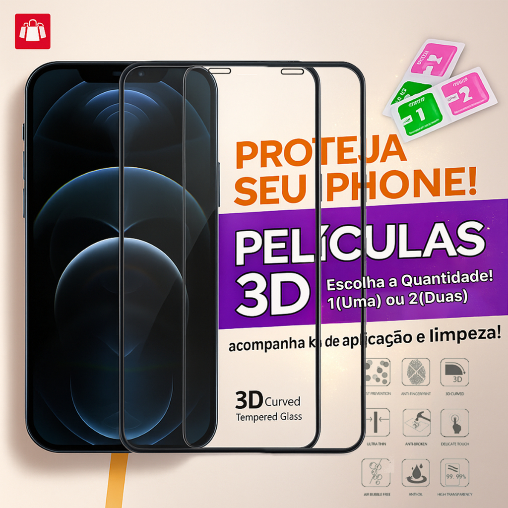Kit 2 Películas De Vidro 3D Temperado Para iPhone XR XS 11 12 13 14 15 15 16 17 Plus/Pro/Pro Max